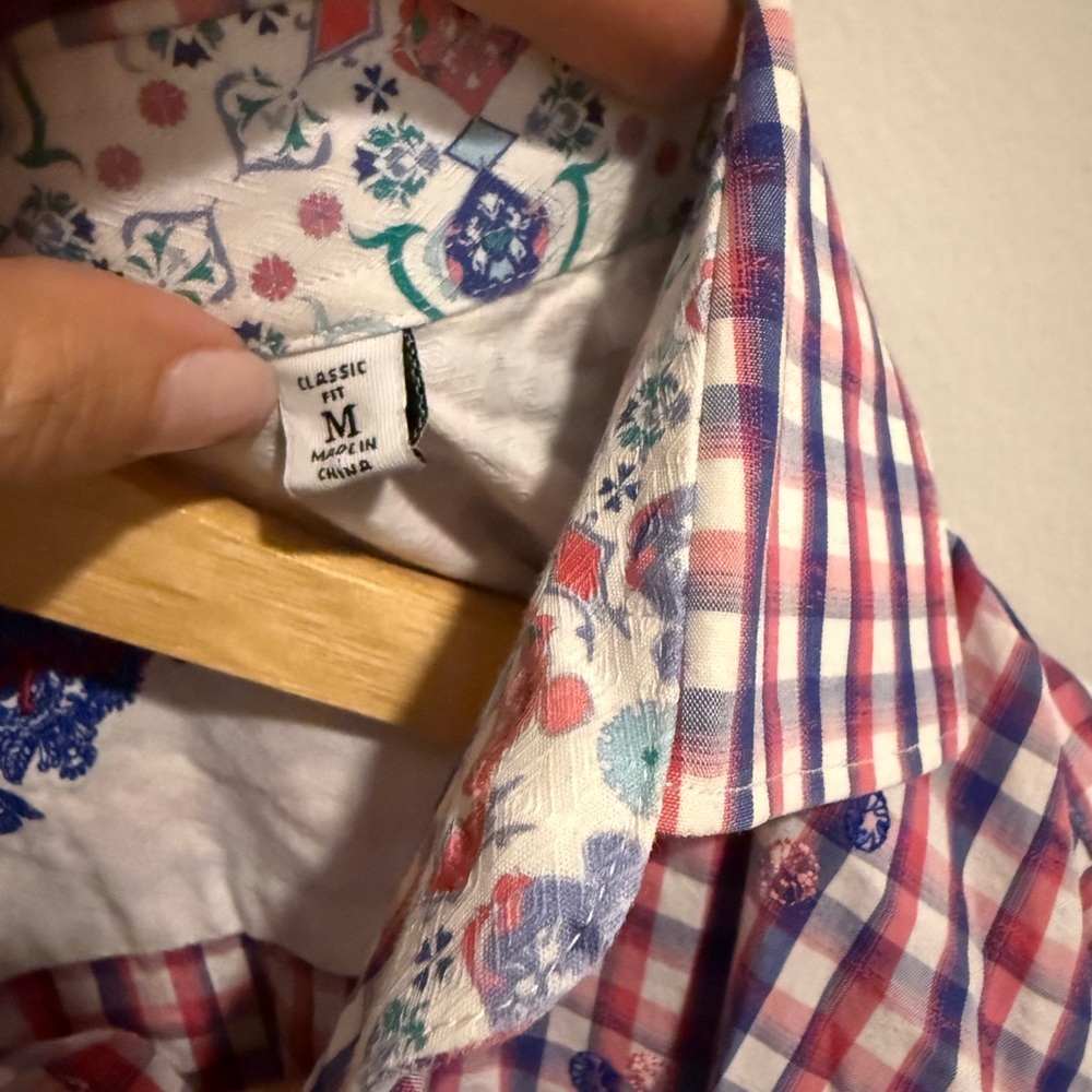 Robert Graham Dress Shirt Medium Classic Fit Red White Gingham Check Paisley - Picture 5 of 11